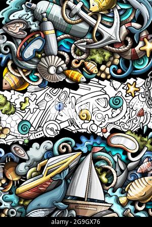 Handgezeichnetes Doodle-Banner zum Tauchen. Cartoon Vektor detailliertes Poster Stock Vektor