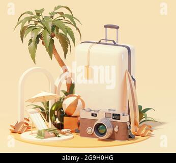 Sommerurlaub und Strandurlaub. Liegestuhl unter der Palme, Surfbrett, Retro-Kamera, Floatie und Strandball, Trolley-Koffer Stockfoto