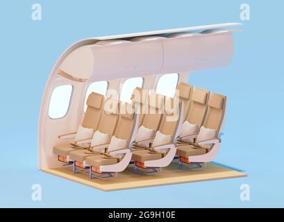 Querschnitt durch den Innenraum des Flugzeugs. Economy Class Kabine. Passagierflugzeug mit Premium-Sitzplätzen der Economy-Klasse Stockfoto