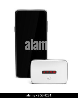 Mobiler WLAN-Router und Smartphone auf weißem Hintergrund Stockfoto