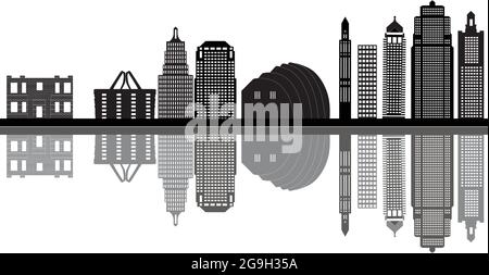 Die Skyline von kansas City in amerika mit hohen Gebäuden, modern und alt in Schwarz-Weiß-Illustrationen Stock Vektor