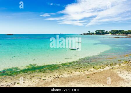 Zwei weiße Fischerboote in der Bucht in der Nähe des Le Hocq Tower am Südufer von Jersey, Channel Islands, Großbritannien, an einem sonnigen Sommertag. Stockfoto