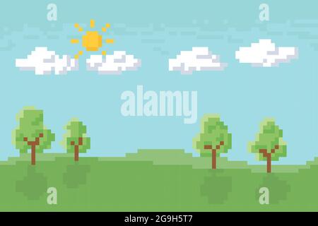 8-Bit-Stil, Bäume im Park gegen blauen Himmel während des Tages. Stock Vektor