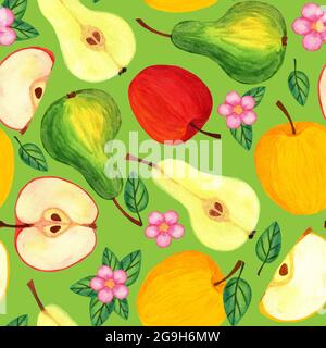 Apfel- und Birnenfrucht mit Blättern und Samen, ganz und in Scheiben schneiden. Frisches Obst Aquarell Nahtloses Muster. Sommer Ernte Illustration für Print des Stockfoto