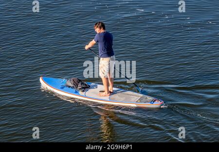 Ein Mann auf einem Stand-up-Paddle-Board auf dem Meer paddelt in Shorts und hält das Gleichgewicht.