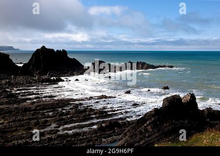Hartland Quay liegt in North Devon nahe der Grenze zu Cornwall.die spektakulären Cliffs und Rugged Rocks bieten einen atemberaubenden Blick auf die Küste. Stockfoto
