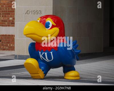 LAWRENCE, USA - 10. Jul 2021: Eine KU Jayhawks Statue am University of Kansas Natural History Museum in den USA Stockfoto