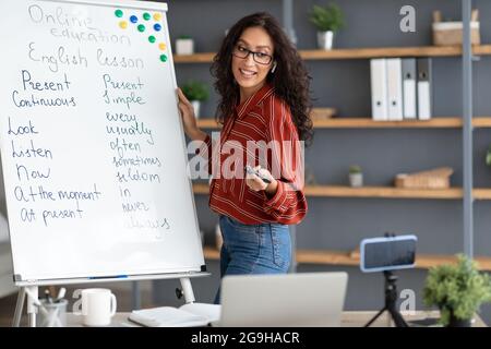 Lehrer-Vlog-Aufzeichnung. Schöne lächelnde junge Frau in den Kopfhörern erklärt englische Sprachregeln stehen am Whiteboard und gestikulieren auf Webcam in Stockfoto