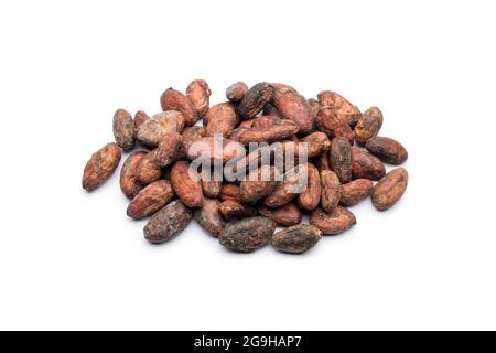 Kakaobohnenbündel auf weißem Hintergrund Stockfoto