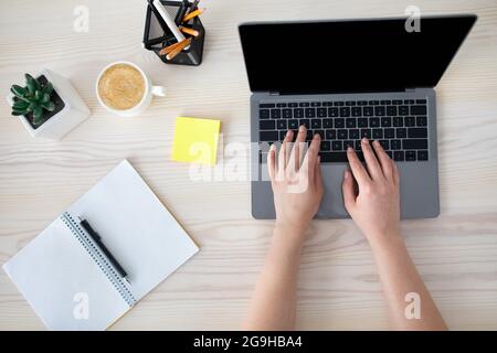 Arbeitsplatz. Frau, die auf der Tastatur des Laptops tippt und Notizen schreibt, mit einer kleinen Pflanze am Schreibtisch sitzt, Kaffee in der Tasse und im Notebook, Draufsicht, Mockup, Stockfoto