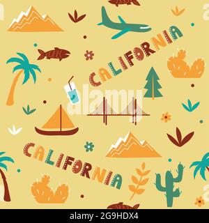 USA Kollektion. Vektor-Illustration von Kalifornien Thema. Zustandssymbole - nahtloses Muster auf Gelb Stock Vektor