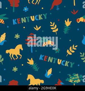 USA Kollektion. Vektor-Illustration von Kentucky Thema. Zustandssymbole - nahtloses Muster auf Dunkelblau Stock Vektor