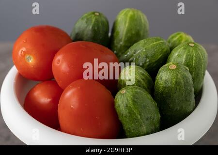 Frisch geerntete Tomaten und Gurken in einem neuen weißen Blumentopf. Home Farm Landwirtschaft Konzept Stockfoto