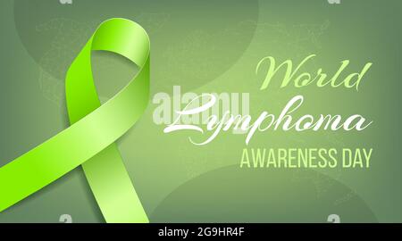 Konzept des Welt-Lymphom-Awareness-Day. Banner mit Lime Ribbon Awareness, Text und Weltkarte. Vektorgrafik. Stock Vektor