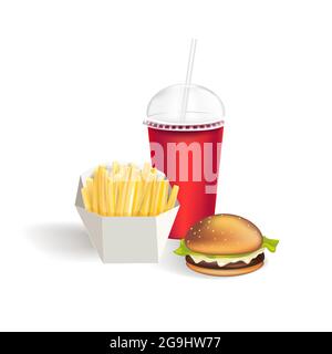 Fast Food Set aus realistischen Hamburger Classic Burger Kartoffeln Pommes Frites Blank Cardboard Cup für Softdrinks mit Stroh isoliert auf weißem Hintergrund. Stock Vektor