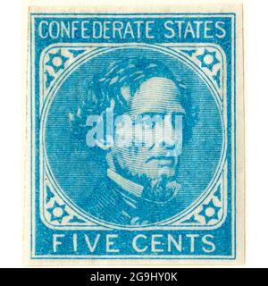 Konföderierte Briefmarken, 5 Cent blau (Londoner Druck), allgemeine Ausgabe 1862, Typ 6 Briefmarke zeigt Jefferson Davis in blau gedruckt. Stockfoto