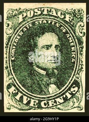 Konföderierte Briefmarke, 5 Cent grün zeigt Jefferson Davis gedruckt in Grün Stockfoto