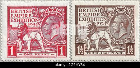 1924 British Empire Exhibition 'Wembley' Stamps (Großbritannien, König George V) ein Penny Red und drei Halfpence Brown von H. Nelson. Druckplatten gestochen von J. A. C. Harrison. Gedruckt von Waterlow und Sons. Stockfoto