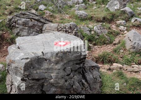 Rote Flamme auf Bergweg Stockfoto