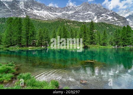 Der malerische Blaue See (Lago Blu), umgeben von einer wunderschönen alpinen Landschaft in der Nähe von Cervinia, Aostatal, Italien Stockfoto