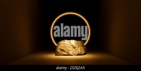 Gold neon leuchtende Geometrie Form mit Stein Podium auf schwarzem Hintergrund für Produkt. 3d-Rendering 3d-Illustration Stockfoto