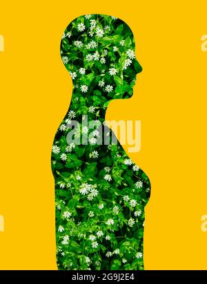 Artwork Illustration von Gartenblumen in weibliche Figur Silhoette-Form auf gelbem Hintergrund. Stockfoto