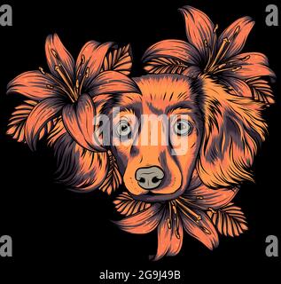 Porträt eines Spaniel Hundes in einem Blumenkränz. Vektorgrafik. Stock Vektor