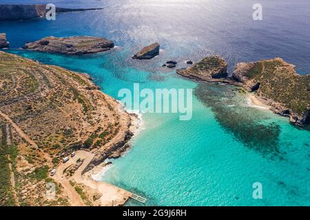 Malta, Gozo, Luftansicht der Lagune auf der Comino Insel Stockfoto