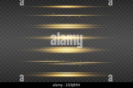 Leuchtzeilen eingestellt. Goldener Lichteffekt auf transparentem Hintergrund. Helle, luxuriöse Leuchtraketen. Horizontale Energielinien. Gelb blinkt für Poster. Vektor Stock Vektor