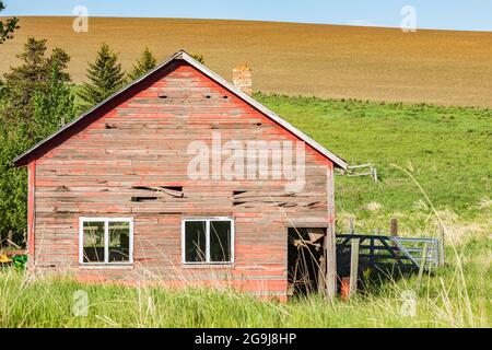 Pullman, Washington, USA. 22.Mai 2021. Ein rot verwittertes verlassenes Haus in den Palouse-Hügeln. Stockfoto