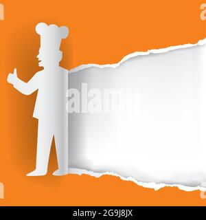 Paper Chef, Bannervorlage. Orangefarbener Papierhintergrund mit stilisierter Papiersilhouette von Cook. Vektor verfügbar. Stock Vektor
