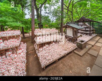 tokio, japan - juli 25 2021: Hunderte oder Tausende von japanischen Manekineko-Katzen-Glücksbringer-Skulpturen, die der berühmten winkenden Katze gewidmet sind, die von angeboten wird Stockfoto