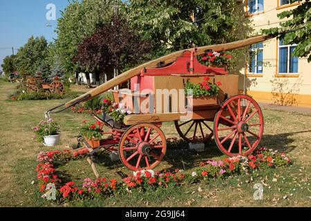 Alte, von Pferden gezogene Handpumpe, Feuerwehrmaschine mit blühenden Pflanzen in Ortisoara, Rumänien Stockfoto