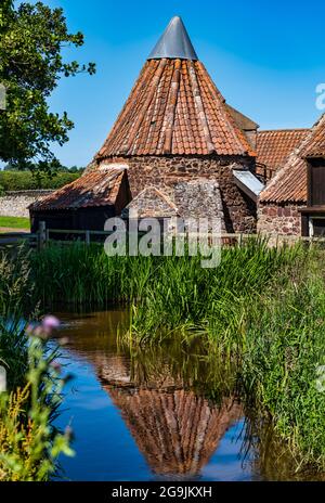 Die historische, skurrile alte Preston Mill spiegelt sich am sonnigen Sommertag im Mühlenteich, East Lothian, Schottland, Großbritannien, wider Stockfoto