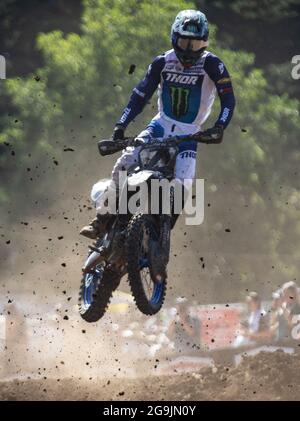 JUL 24 2021 Washougal, WA USA Aaron Plessinger (7) bekommt Luft in Abschnitt 34 während der Lucas Oil Pro Motocross Washougal 450 Meisterschaft im Washougal MX Park Washougal, WA Thurman James/CSM Stockfoto