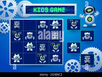 Sudoku Kinder Spiel mit Robotern, Ritzel und Zahnräder. Bildung Spiel, Logik Block Puzzle oder Rätsel, Vektor-Speicher Labyrinth oder Test mit Cartoon-Roboter und droi Stock Vektor