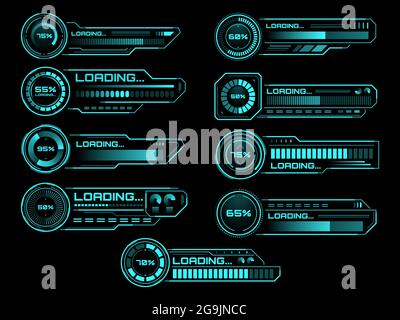 HUD futuristische Ladeprozess- und Statusleisten, Vektor-Interface-Symbole. HUD Ladebars auf digitalem Bildschirm für zukünftige Technologie, Lastleistung und Downl Stock Vektor