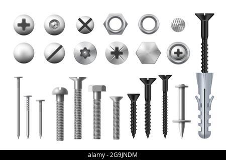 Metallschrauben, Schrauben, Muttern und Nägel. Realistische Vektor-Metall-Verbindungselemente und Nieten, Holzarbeiten und Metallarbeiten Ausrüstung, Unterlegscheiben und selbstschneidende oder thre Stock Vektor