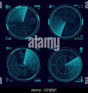 Militärisches HUD-Radar oder blaues Neondisplay mit Echolot. Armee Radar-Schnittstelle, Satelliten-Navigations-Technologie Vektor-Bildschirme oder militärische Waffensystem, modern Stock Vektor