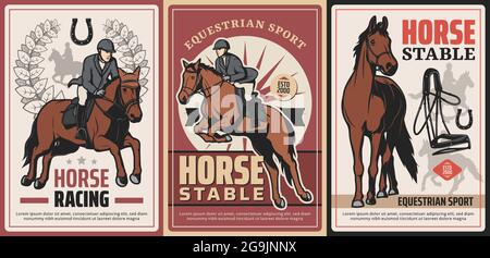 Pferdesport, Reiten und Rennen auf Hippodrome Vektor Vintage Poster. Professioneller Ausritt, Pferdestall. Reiten Sport Grunge retro Ca Stock Vektor