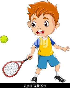 Cartoon kleiner Junge spielt Tennis Stock Vektor