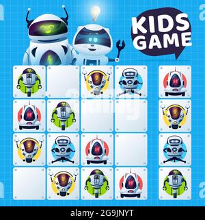 Kinder Sudoku-Spiel mit Robotern Labyrinth, Vektor-Bildung Puzzle und Logik-Rätsel. Educational Block Spiel Arbeitsblatt Vorlage mit Cartoon künstliche Intelli Stock Vektor