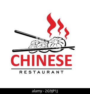 Chinesisches Restaurant mit Baozi und Stöcken. Vektor-Emblem für asiatische Café mit traditionellen Mahlzeit aus China gedünsteten Teigknödel gefüllt Witz Stock Vektor