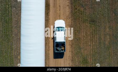 Luftaufnahme des 4x4 Pickup-LKW, der durch Weizenanbau-Feld mit Silosäcken auf der Straße fährt. Argentinien Stockfoto