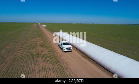 Luftaufnahme des 4x4 Pickup-LKW, der durch Weizenanbau-Feld mit Silosäcken auf der Straße fährt. Argentinien Stockfoto
