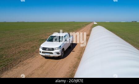 Luftaufnahme des 4x4 Pickup-LKW, der durch Weizenanbau-Feld mit Silosäcken auf der Straße fährt. Argentinien Stockfoto