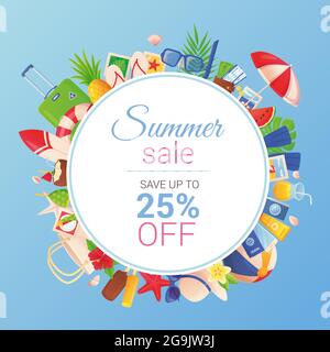 Banner-Vorlage für Sommerverkauf. Heißer Rabatt, Kollektion tropischer Elemente. Urlaub, Tourismus-Konzept. Stock Vektor-Illustration im Cartoon-Stil Stock Vektor