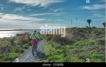 Eine Frau mittleren Alters (65) fährt mit einem Elektrofahrrad durch eine Mündung an der Mündung des Waikanae River, Neuseeland. Stockfoto