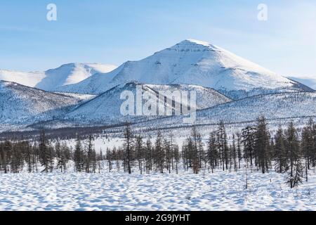 Schneebedeckte Gebirgskette Suntar-Khayata, Road of Bones, Sakha Republic, Yakutien, Russland Stockfoto