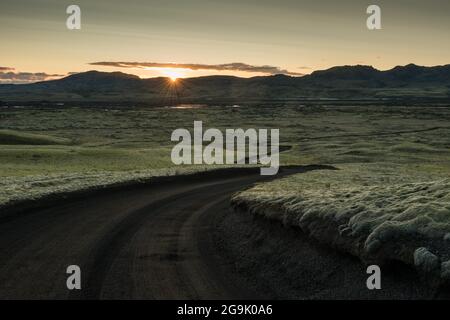 Hintergrundbeleuchtung, Sonnenuntergang, Feldweg führt durch moosbedeckte Vulkanlandschaft, Laki Crater oder Lakagigar, Highlands, Südisland, Suourland, Island Stockfoto